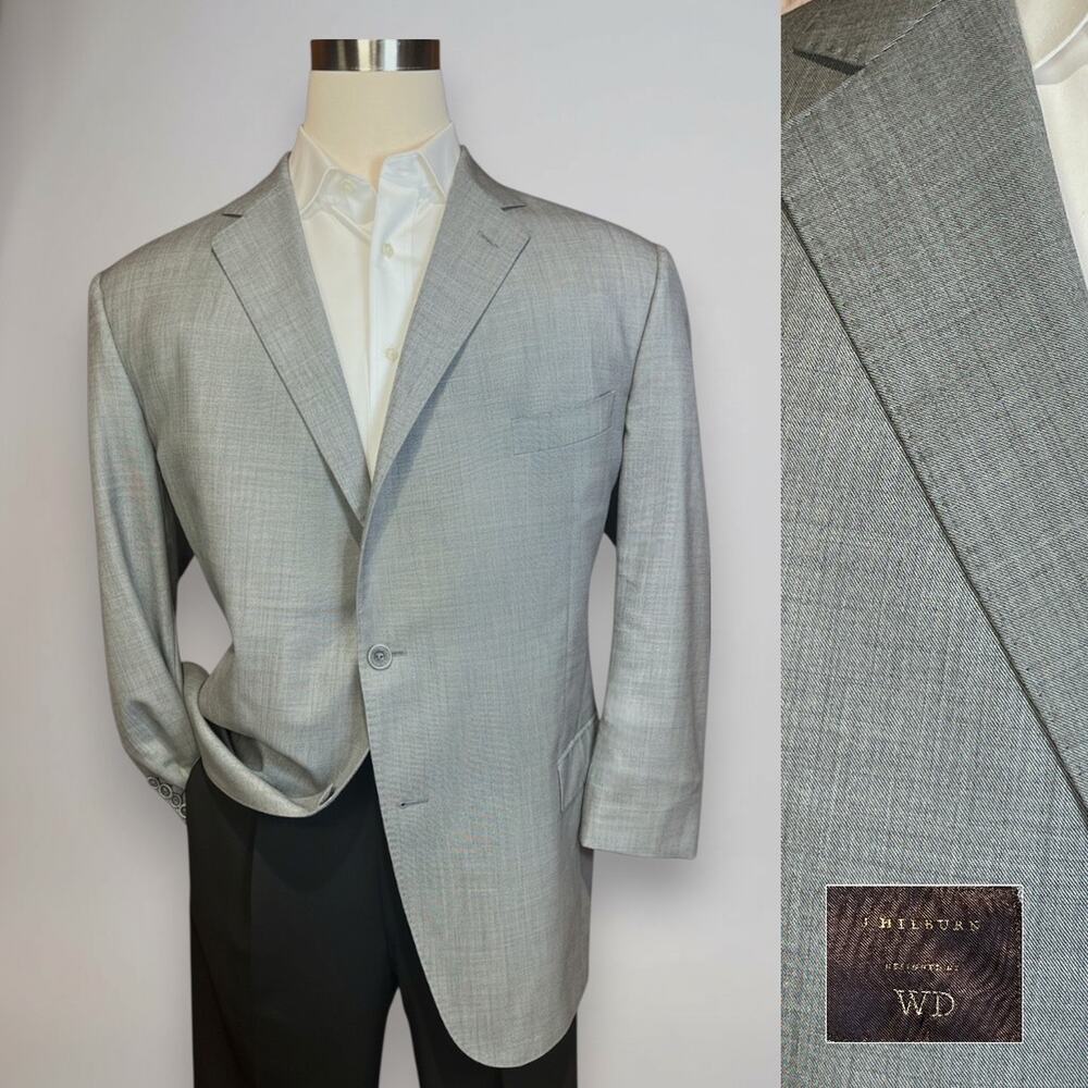 J Hilburn Custom 48-49S Gray Blue Undertones Finely Woven Blazer Short Arms